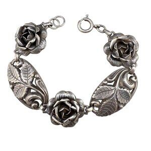 Vintage Sterling Silver Floral Link Bracelet Rose Leaf Design Circular Spring Cl